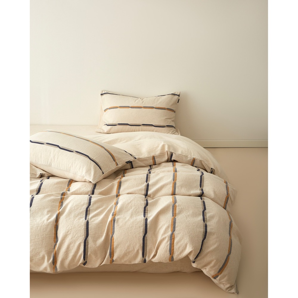 Faith Cotton Linen Striped Duvet Cover Set Brown King Top Grade & Natural
